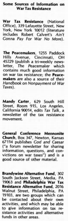 Some Sources of Information on War Tax Resistance (1976)
