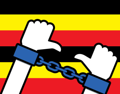 the familiar social media thumbs-up / thumbs-down icons, in handcuffs, superimposed on the black, yellow, and red stripes of the Ugandan flag