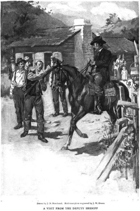 A Visit from the Deputy Sheriff (Drawn by J.N. Marchand. Half-tone plate engraved by J.W. Evans)