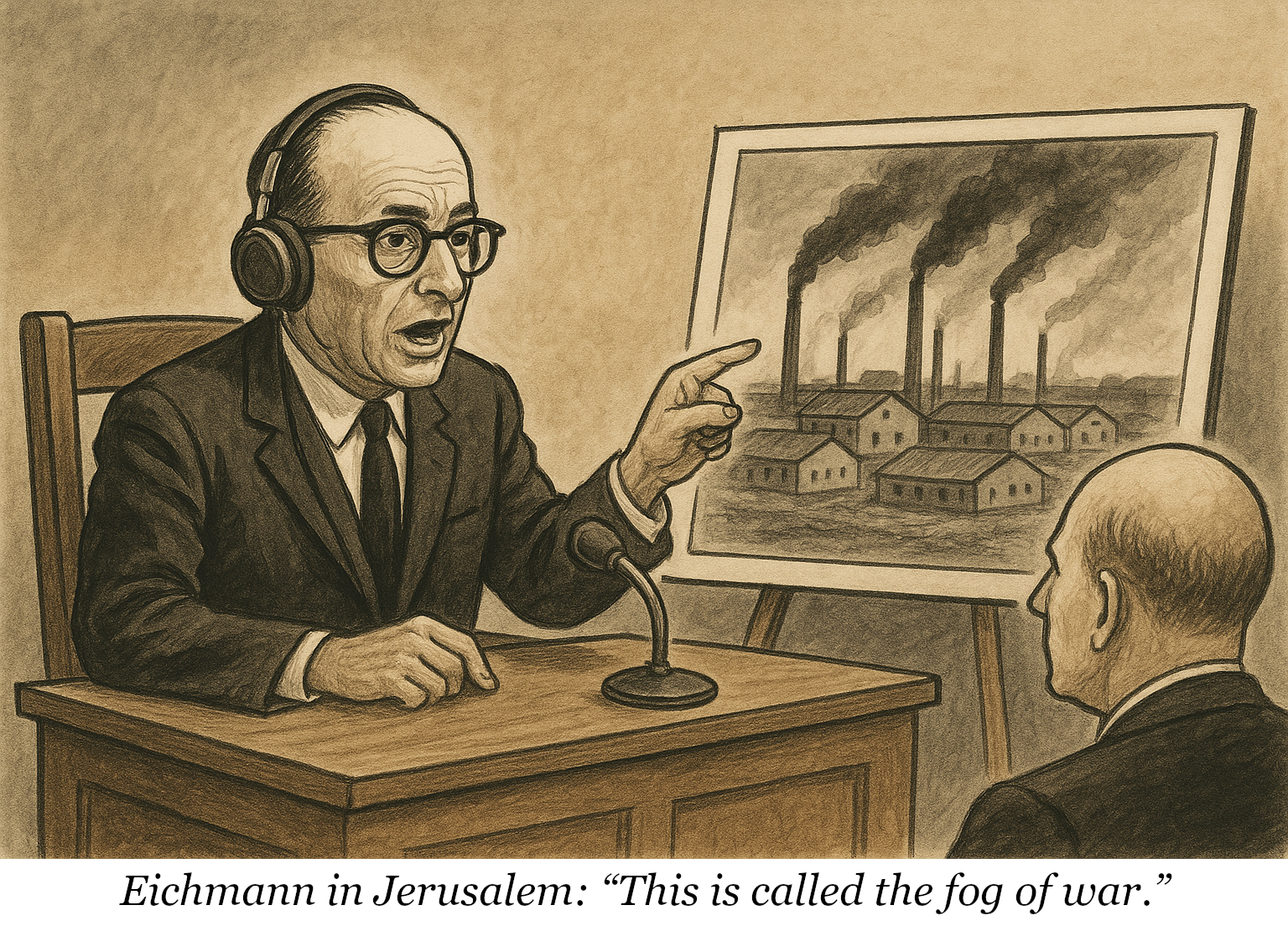 Eichmann in Jerusalem, explaining a prosecutor’s exhibit of a photograph of smoke pouring from crematoria: “This is called the fog of war.”