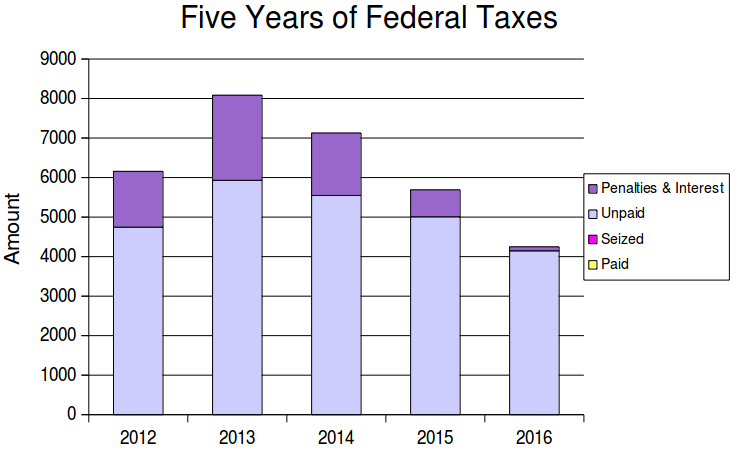 In each of the last five years I have owed between $4,000 and $6,000 in federal taxes. I did not pay any of this, and the I.R.S. has not seized any of it, though they added penalties and interest to the amounts they are trying to collect.