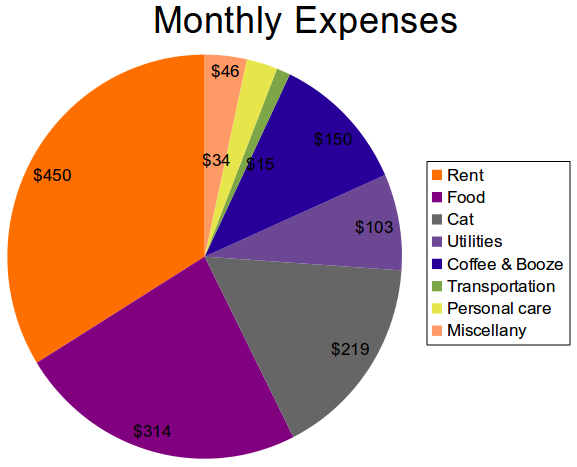 My major taxable monthly expenses, constituting about three-quarters of my total monthly expenses, are rent, food, and my cat.