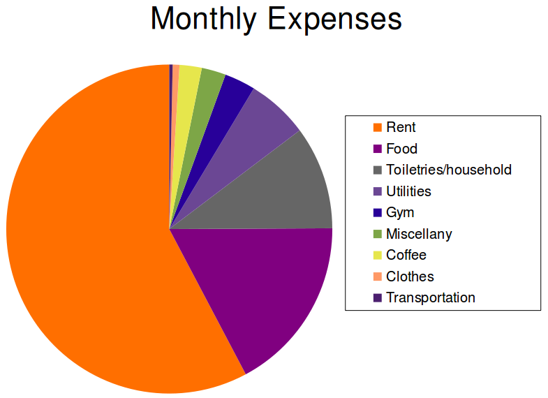 Rent takes up more than half of my total monthly expenses. Food, household necessities, and utilities take up most of the rest.