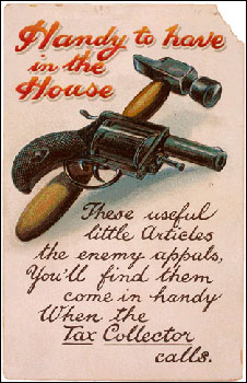 postcard featuring an illustration of a pistol and a hammer