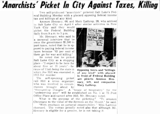 “Anarchists” Picket In City Against Taxes, Killing (newspaper clipping)