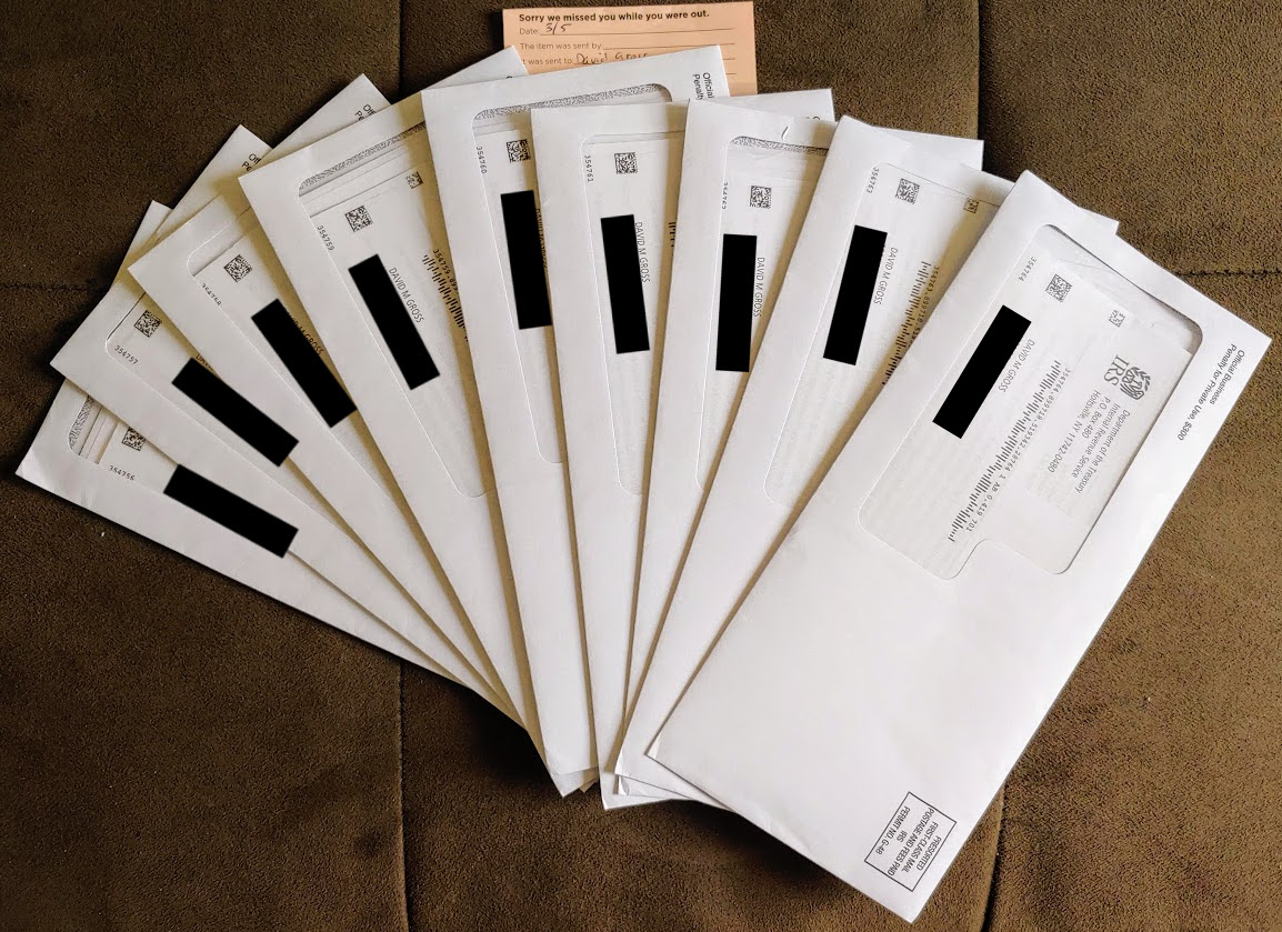 nine envelopes from the I.R.S.