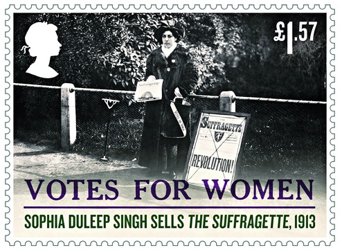The Sophia Duleep Singh postage stamp, featuring a photo of her selling copies of the Suffragette newspaper