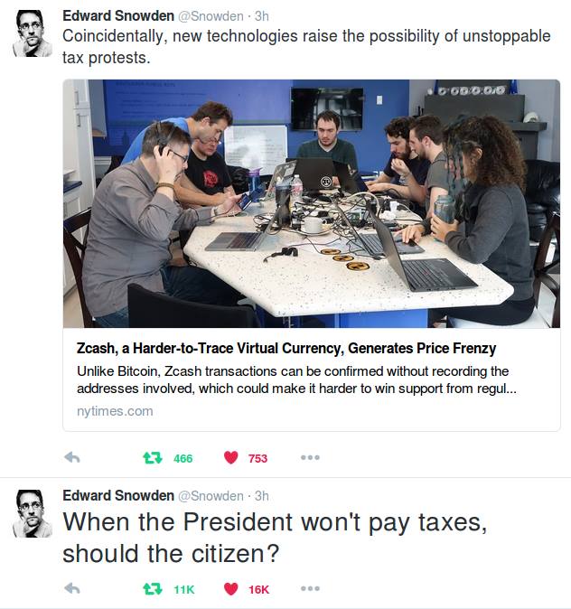 Edward Snowden: When the President won’t pay taxes, should the citizen? Coincidentally, new technologies raise the possibility of unstoppable tax protests.