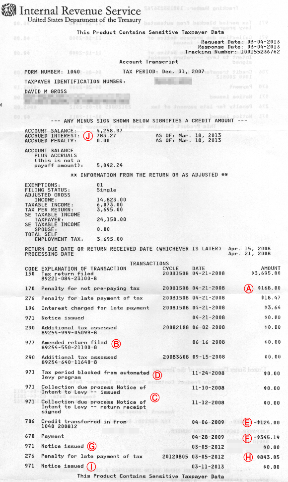 My IRS Account Transcript for the 2007 tax year