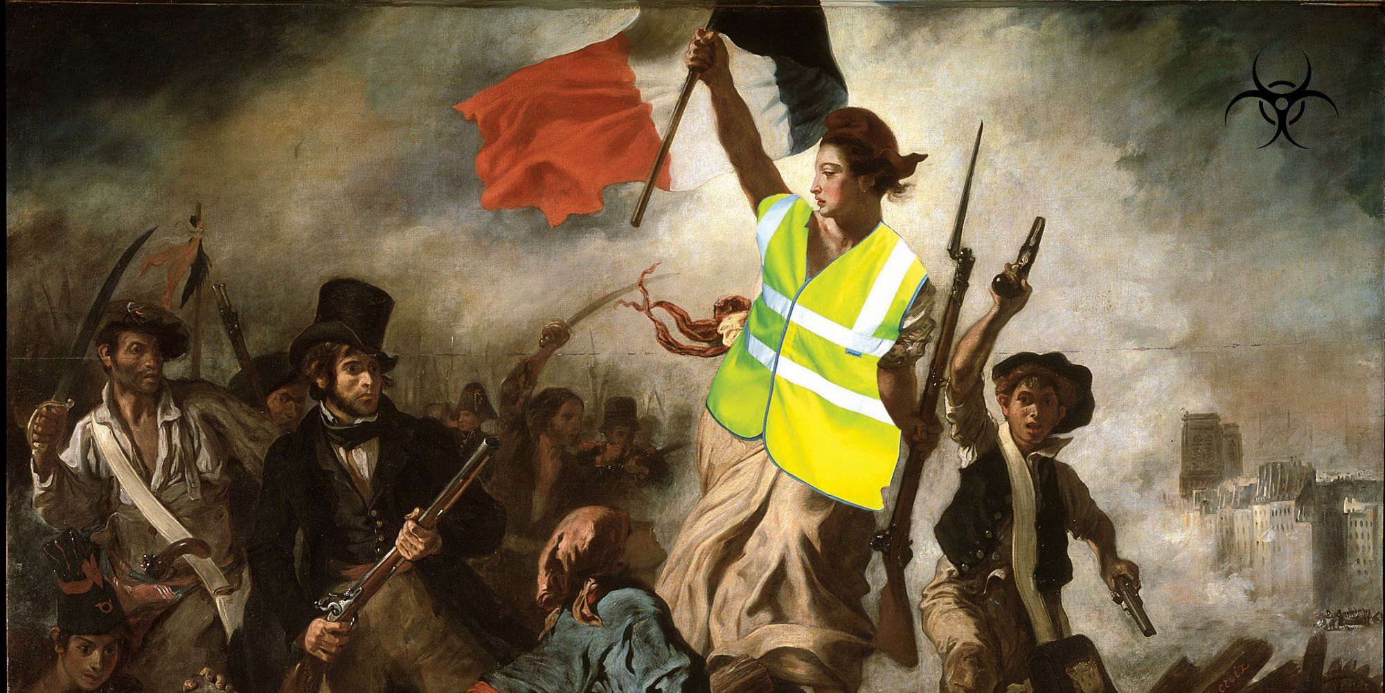 The Delacroix painting “Liberty Leading the People” altered so that Liberty is wearing a yellow vest.
